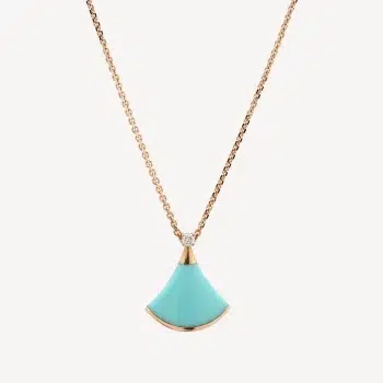 Bijou de seconde main : Collier Diva's Dream Bulgari avec motif en forme d'éventail en Or rose et Turquoise surmontée d'un petit diamant - collection Diva's Dream Bulgari